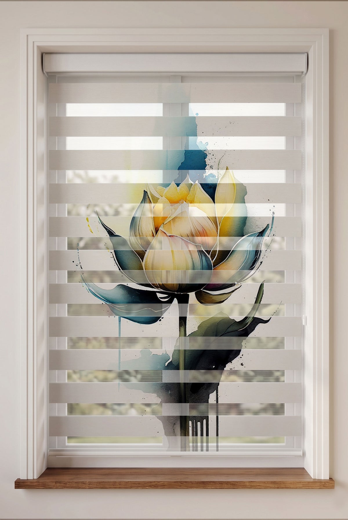 Suluboya Sarı ve Lacivert Lotus Çiçeği Zebra Stor Perde – ürün görseli 3