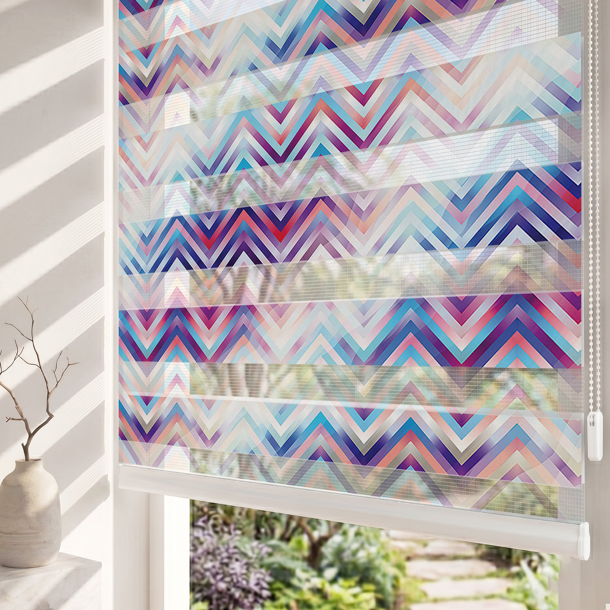 Mor Mavi Pembe Zigzag Desen Genç Odası Zebra Stor Perde