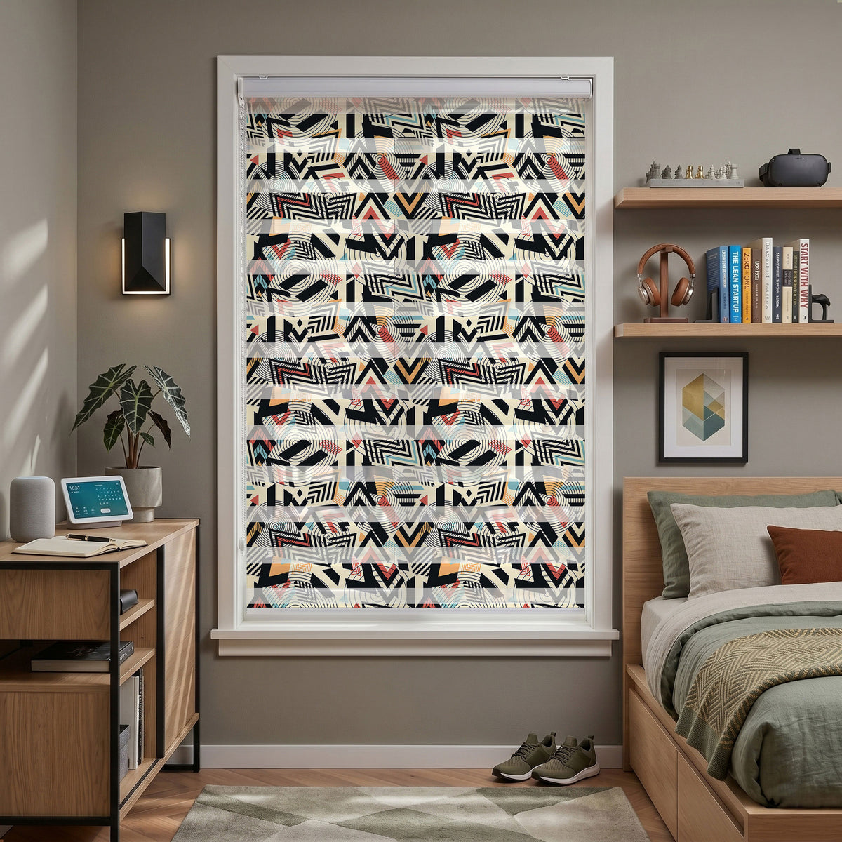 Siyah Krem Geometrik Çizgi Desen Genç Odası Zebra Stor Perde – ürün görseli 7
