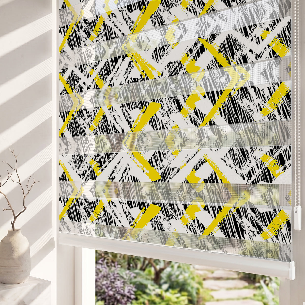 Siyah Sarı Fırça Darbeli Zigzag Genç Odası Zebra Stor Perde