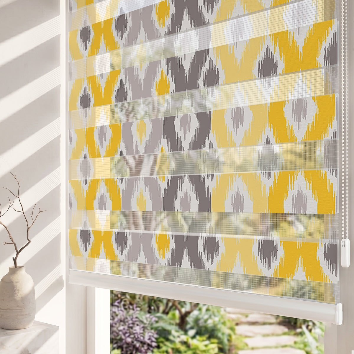 Sarı Gri Ikat Etnik Desen Salon Zebra Stor Perde