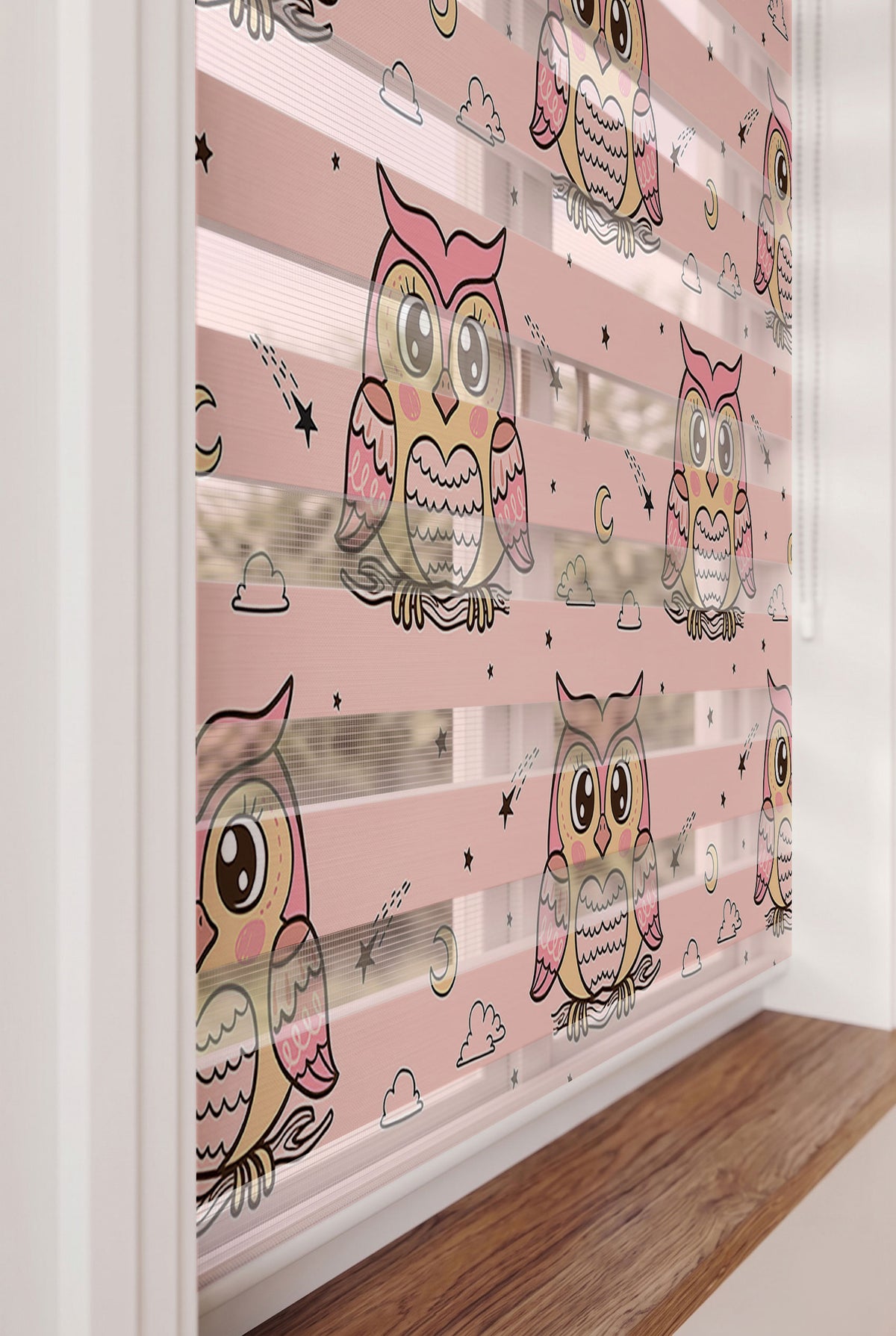 Pembe Baykuş ve Kayan Yıldızlar Bebek Odası Zebra Stor Perde – ürün görseli 5