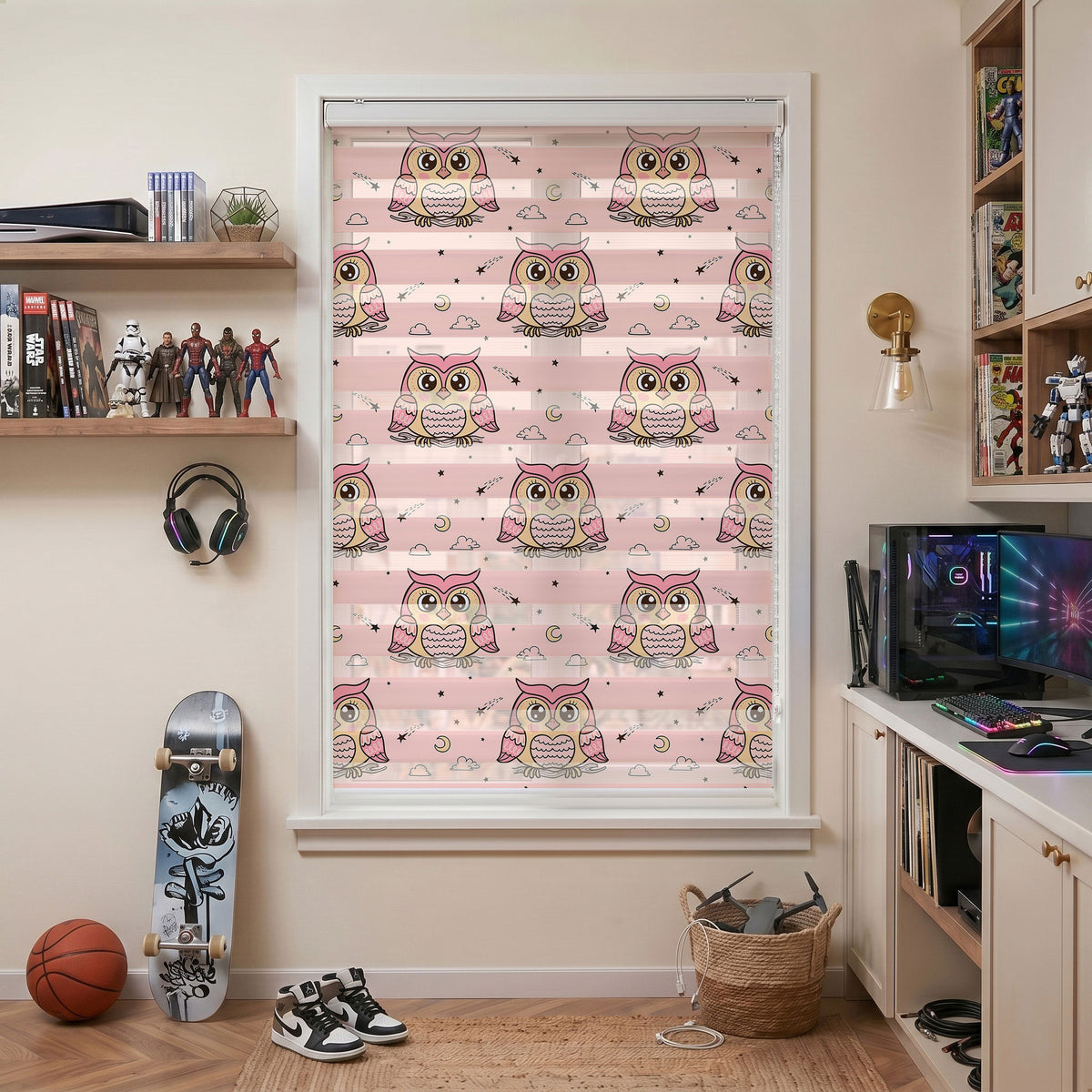 Pembe Baykuş ve Kayan Yıldızlar Bebek Odası Zebra Stor Perde – ürün görseli 7