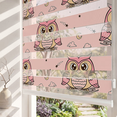 Pembe Baykuş ve Kayan Yıldızlar Bebek Odası Zebra Stor Perde