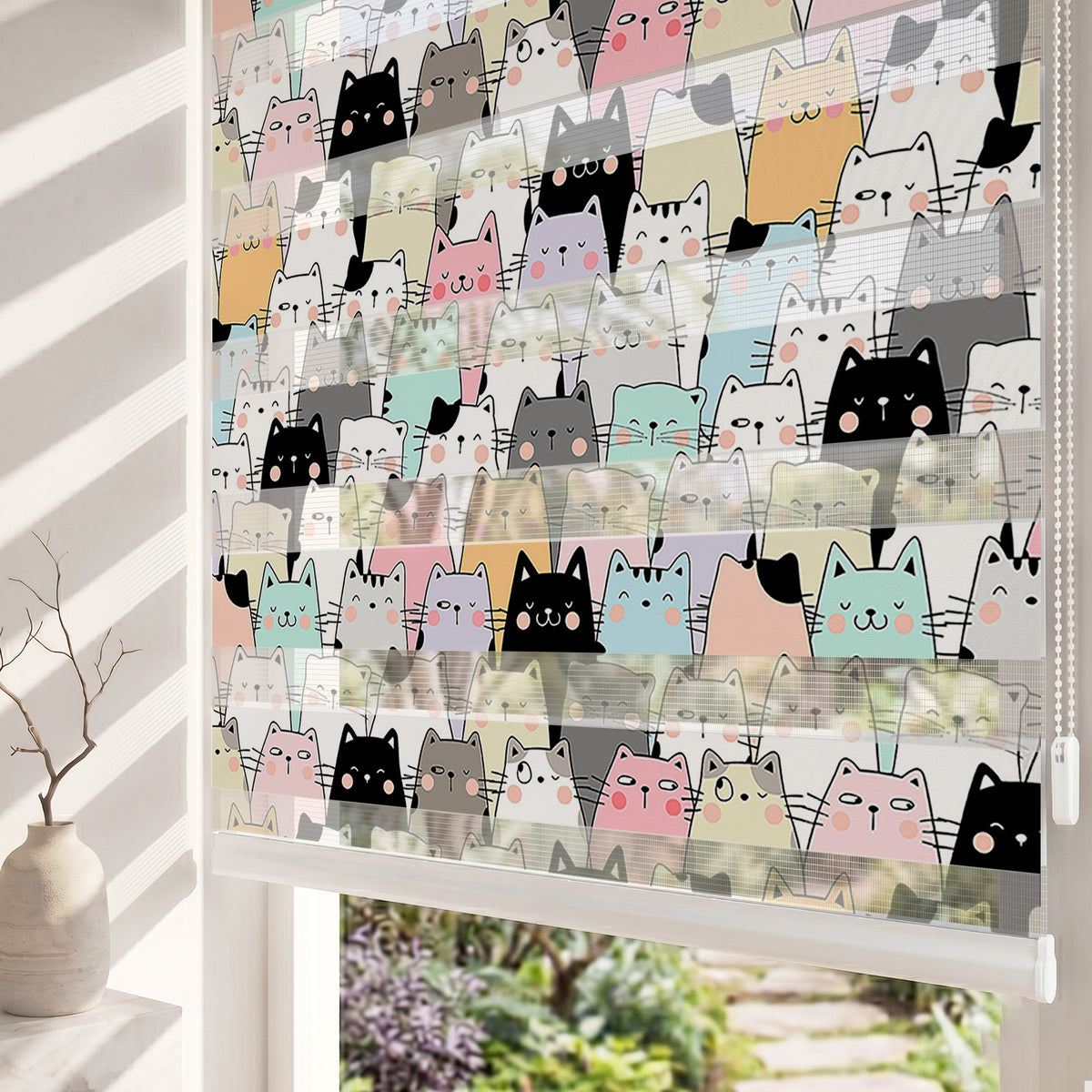 Pastel Kedi Yüzleri Kalabalığı Çocuk Odası Zebra Stor Perde