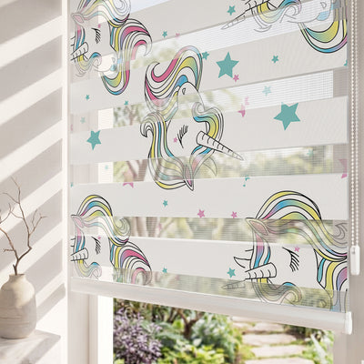 Gökkuşağı Yeleli Unicorn Yıldız Çocuk Odası Zebra Stor Perde
