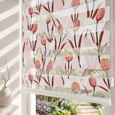 Pembe Zeminde Kırmızı Laleler Salon Zebra Stor Perde