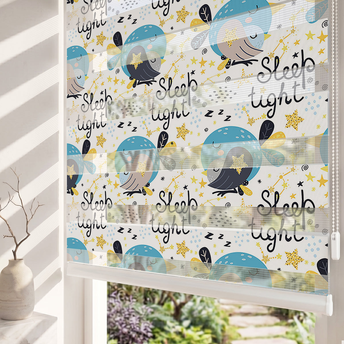 Mavi Uyuyan Kuşlar Yıldızlar Bebek Odası Zebra Stor Perde