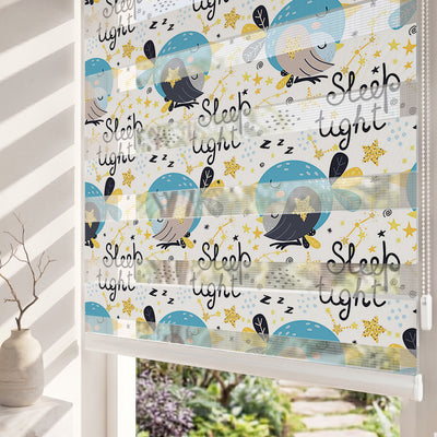 Mavi Uyuyan Kuşlar Yıldızlar Bebek Odası Zebra Stor Perde