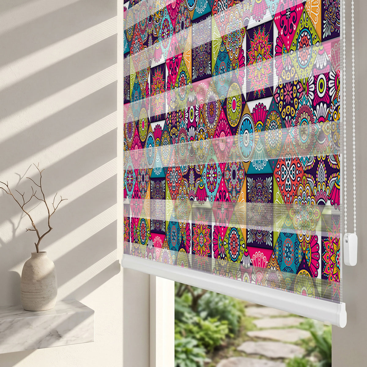 Pembe Mor Mandala Etnik Patchwork Salon Zebra Stor Perde – ürün görseli 2