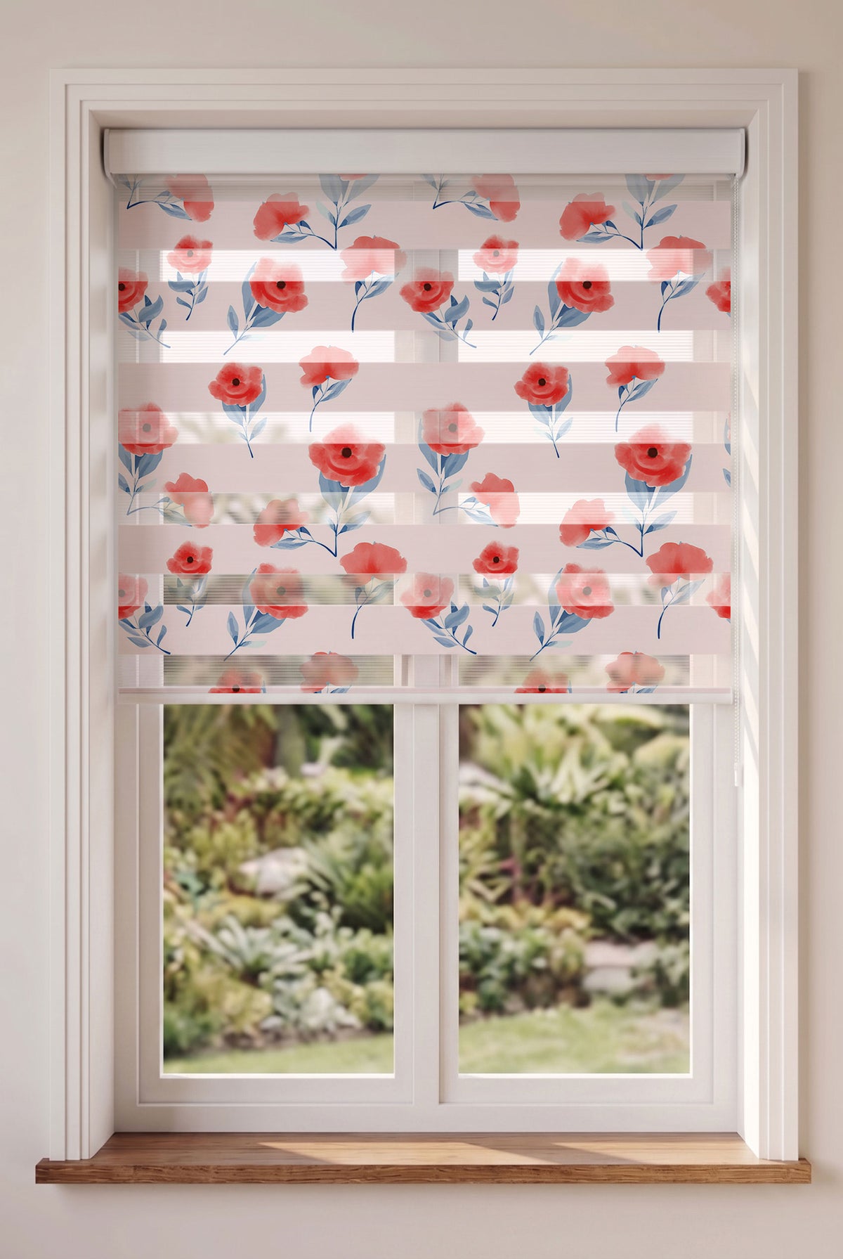 Kırmızı Gelincik Mavi Yapraklar Yatak Odası Zebra Stor Perde – ürün görseli 4