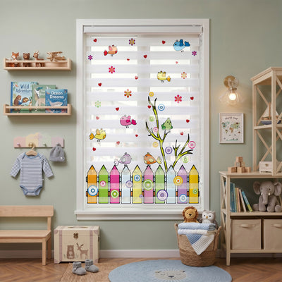 Renkli Kuşlar Çit Kalpler Bebek Odası Zebra Stor Perde