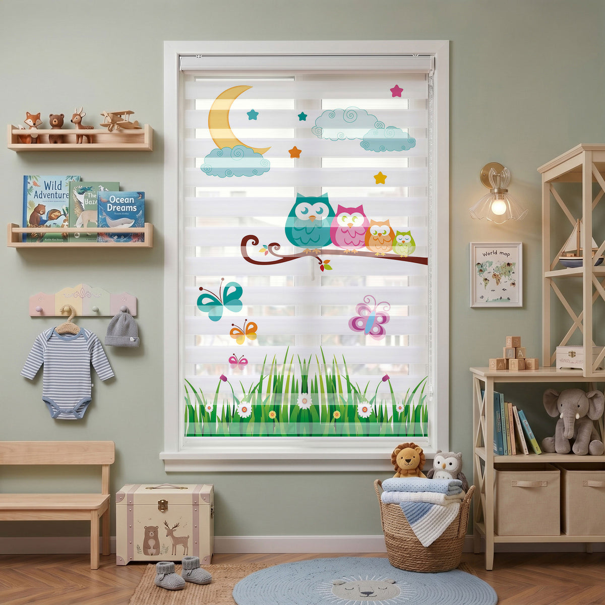 Renkli Baykuşlar Ay Yıldız Bebek Odası Zebra Stor Perde