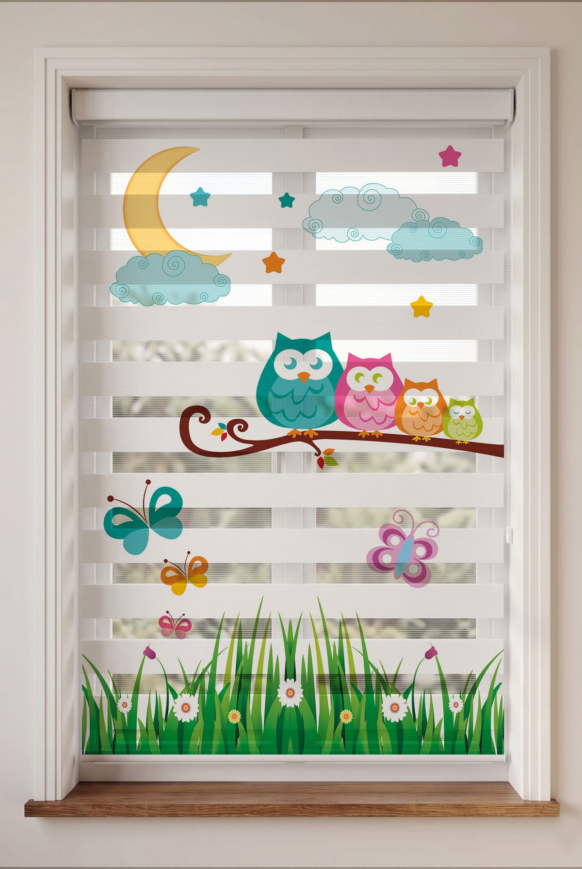 Renkli Baykuşlar Ay Yıldız Bebek Odası Zebra Stor Perde – ürün görseli 3