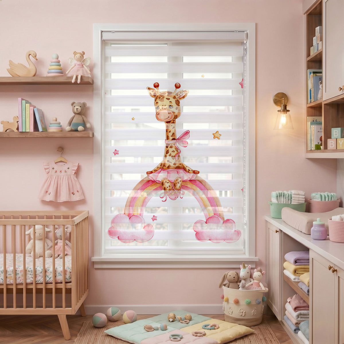 Pembe Etekli Balerin Zürafa Bebek Odası Zebra Stor Perde