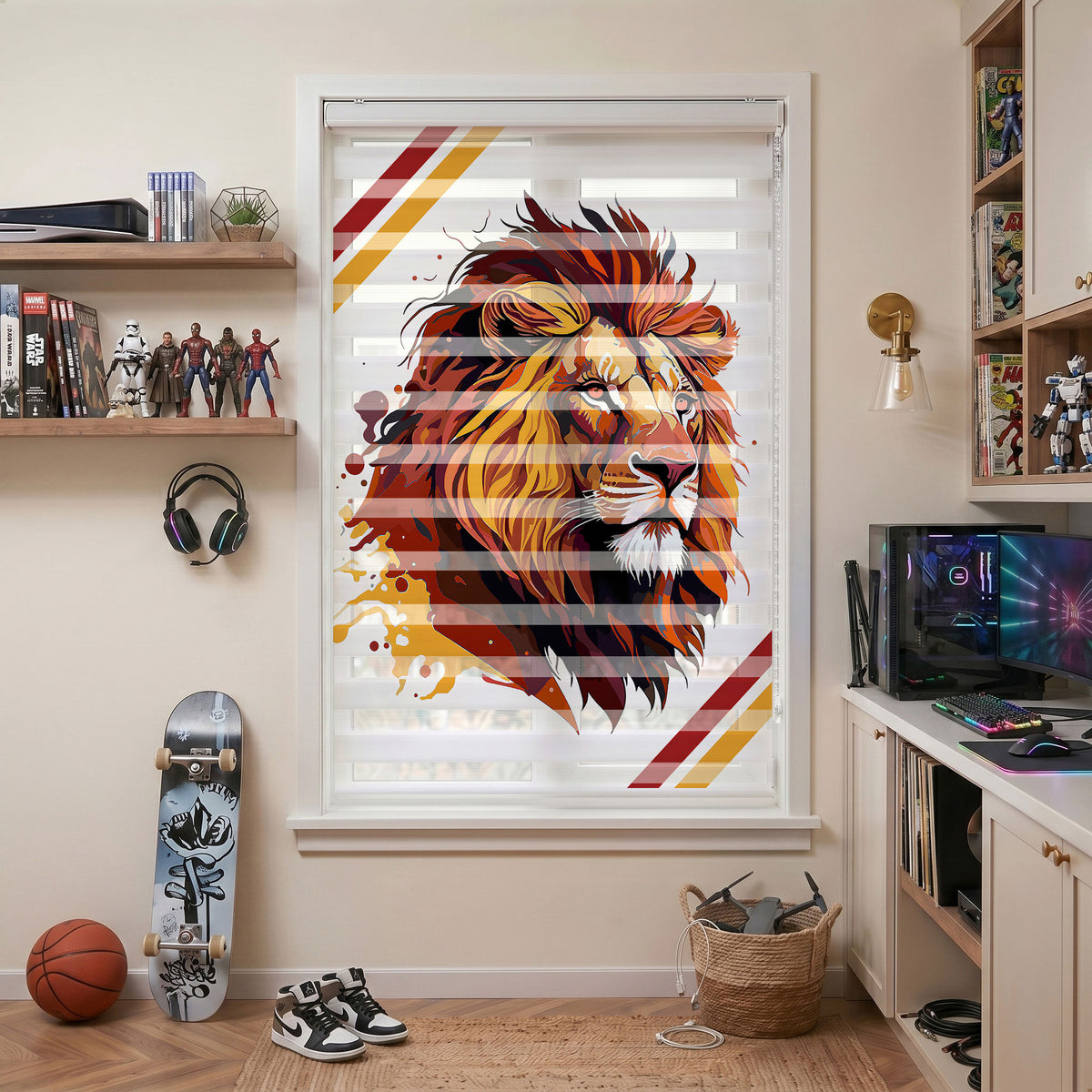 Renkli Aslan Erkek Çocuk Odası Zebra Stor Perde