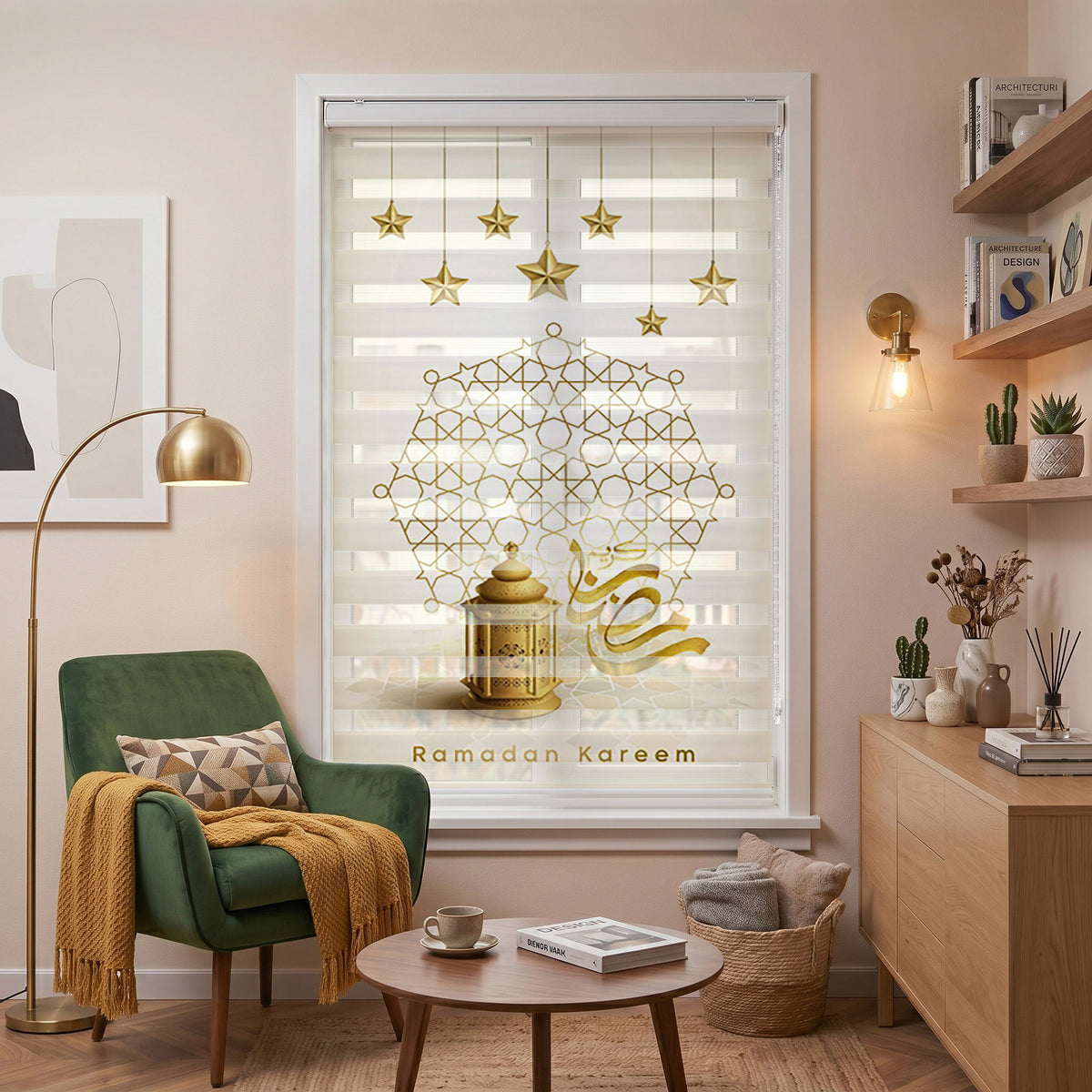 Altın Yıldızlar Geometrik Süsleme Fener Zebra Stor Perde