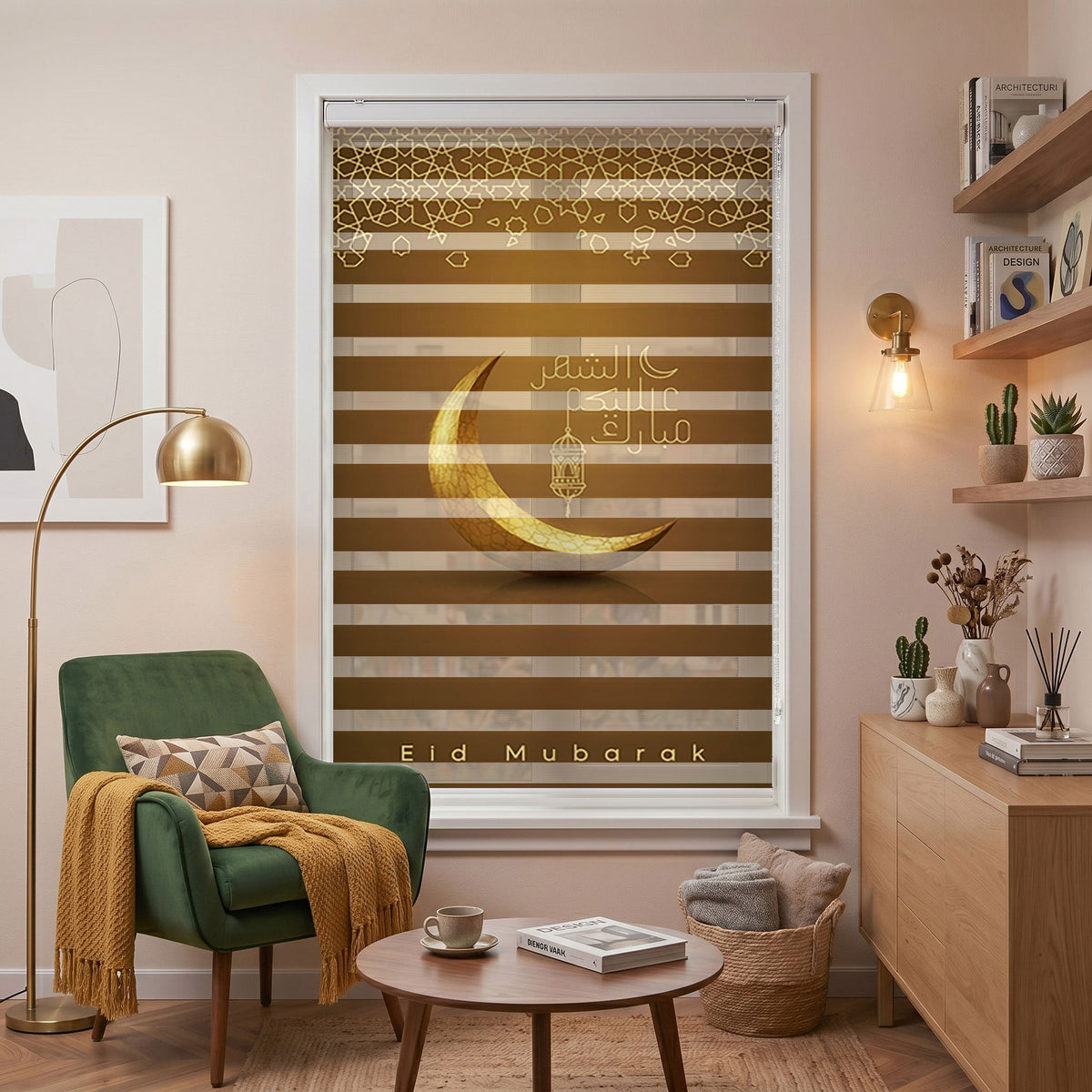 Altın Hilal Geometrik Desen Arapça Yazı Zebra Stor Perde