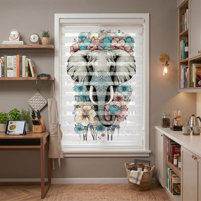 Çiçek Taçlı Gri Fil Portresi Pastel Salon Zebra Stor Perde