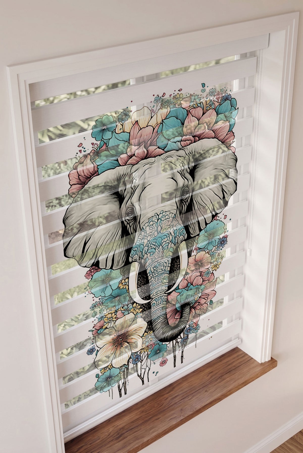 Çiçek Taçlı Gri Fil Portresi Pastel Salon Zebra Stor Perde – ürün görseli 2