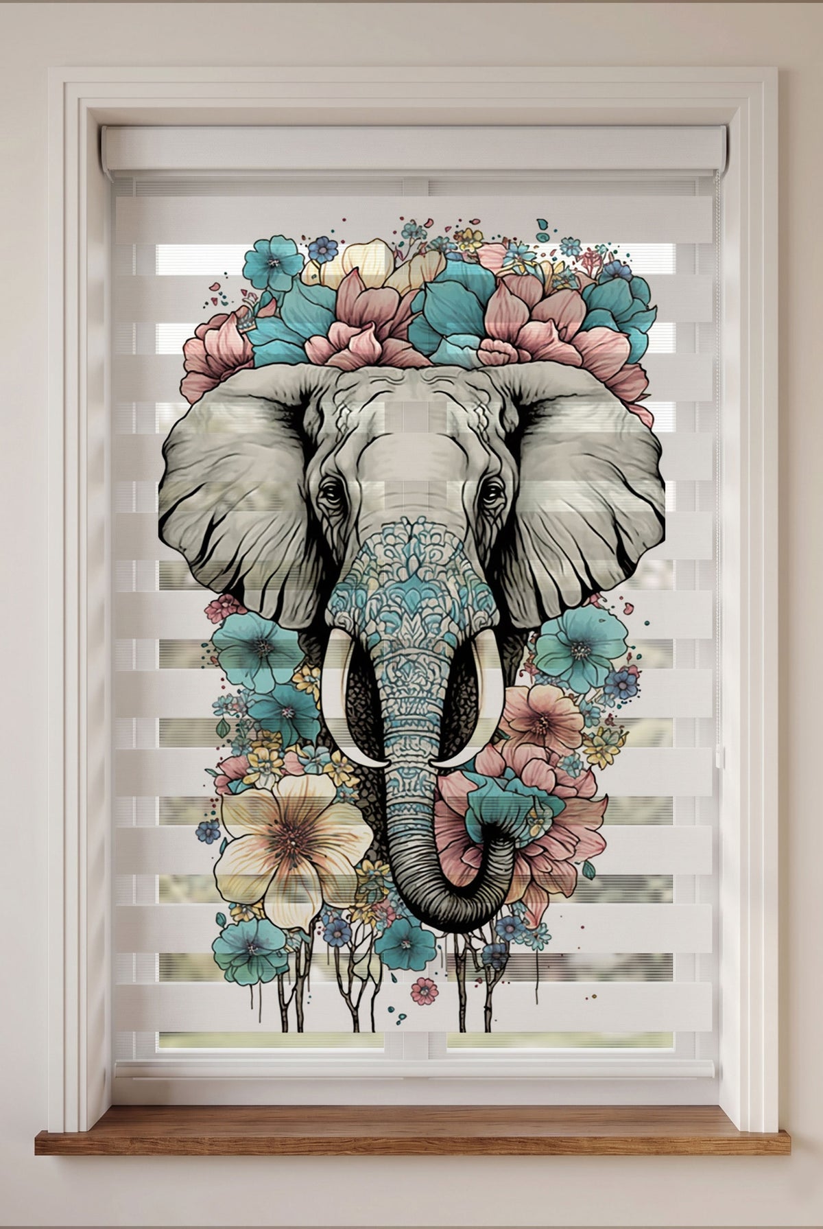 Çiçek Taçlı Gri Fil Portresi Pastel Salon Zebra Stor Perde – ürün görseli 3