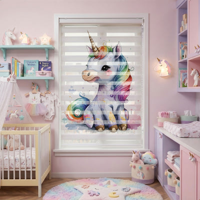 Lila Gökkuşağı Yeleli Unicorn Çocuk Odası Zebra Stor Perde
