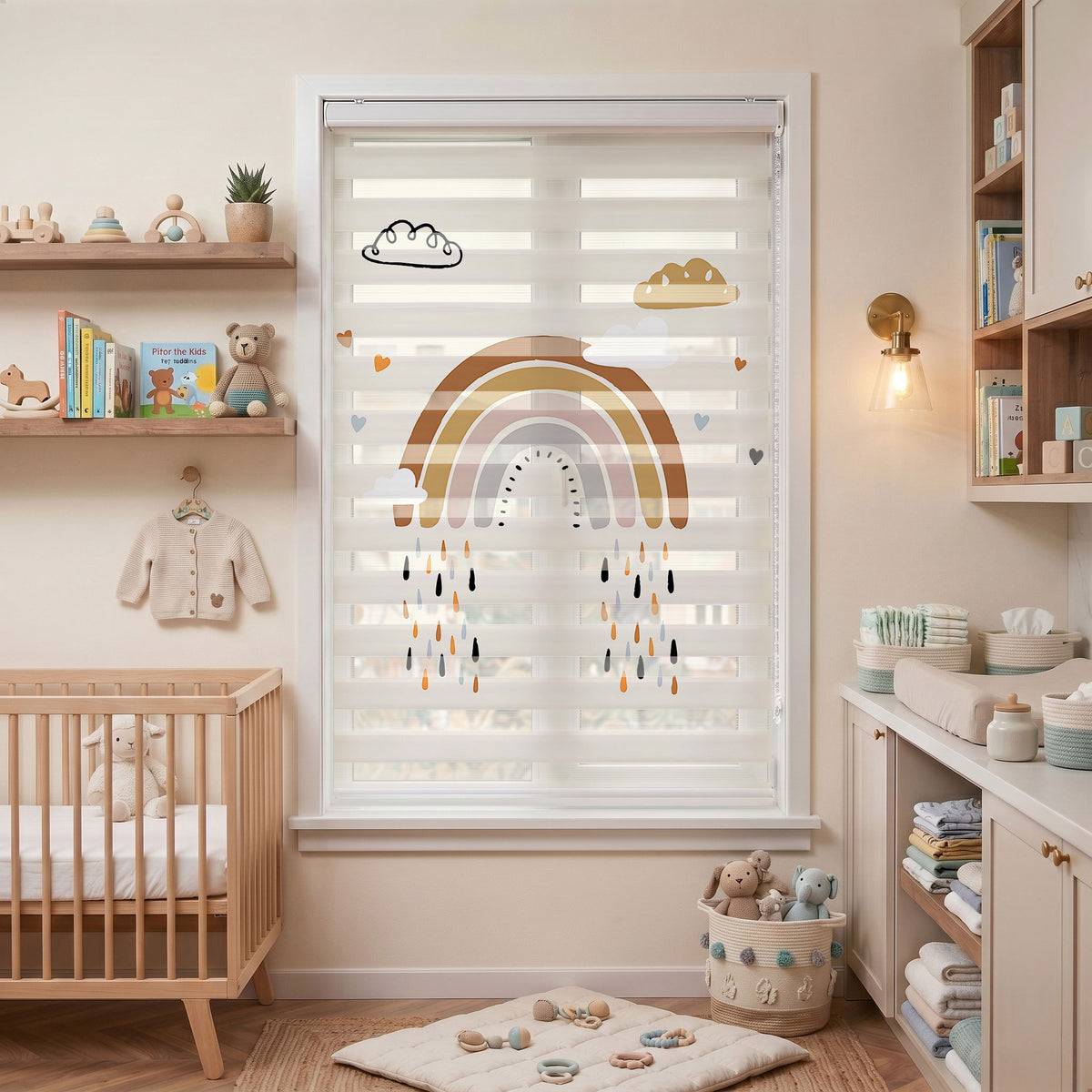 Bej Bohem Gökkuşağı Bebek Odası Zebra Stor Perde