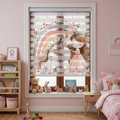 Bej Bulut Gökkuşağı Unicorn Kız Çiçekler Zebra Stor Perde