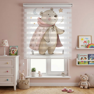 Pembe Pelerinli Ayıcık Ay Yıldız Suluboya Zebra Stor Perde