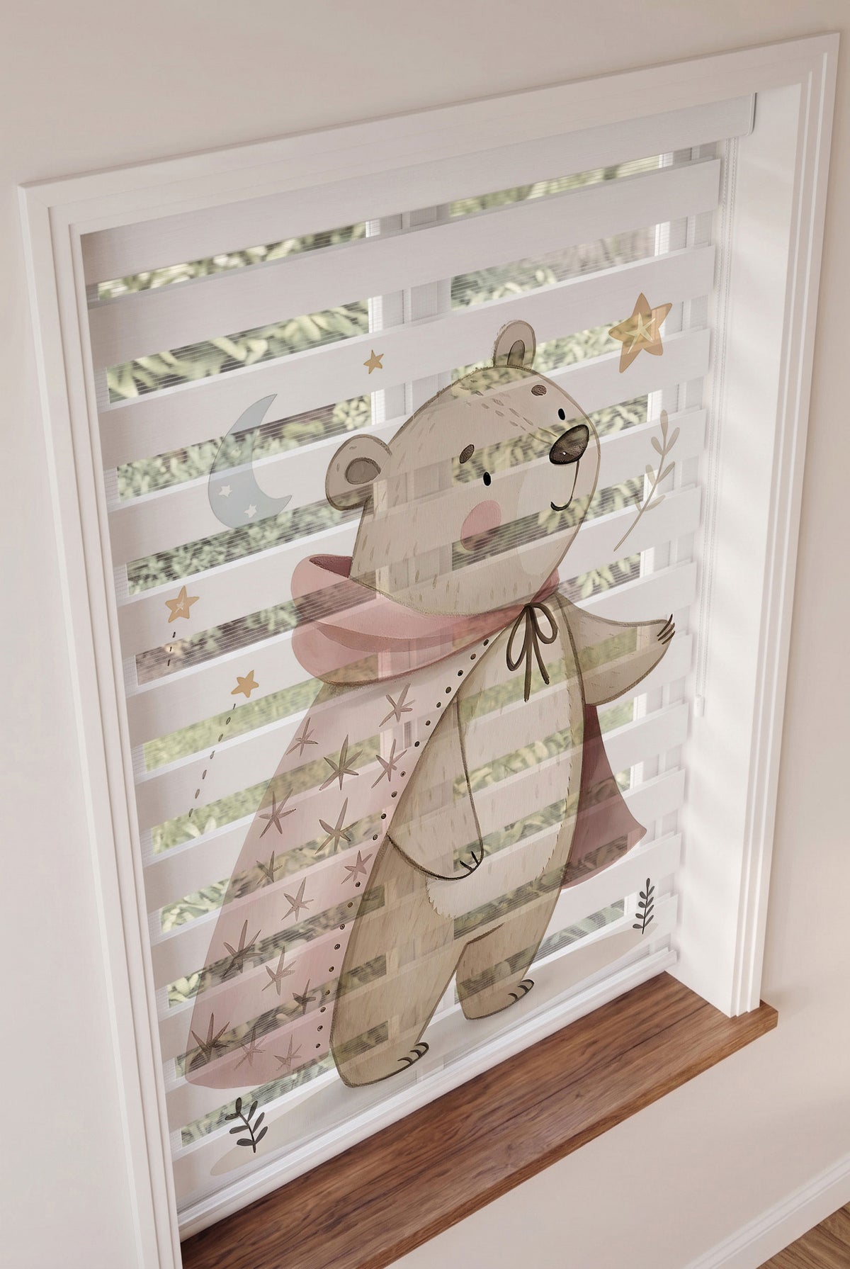 Pembe Pelerinli Ayıcık Ay Yıldız Suluboya Zebra Stor Perde – ürün görseli 3