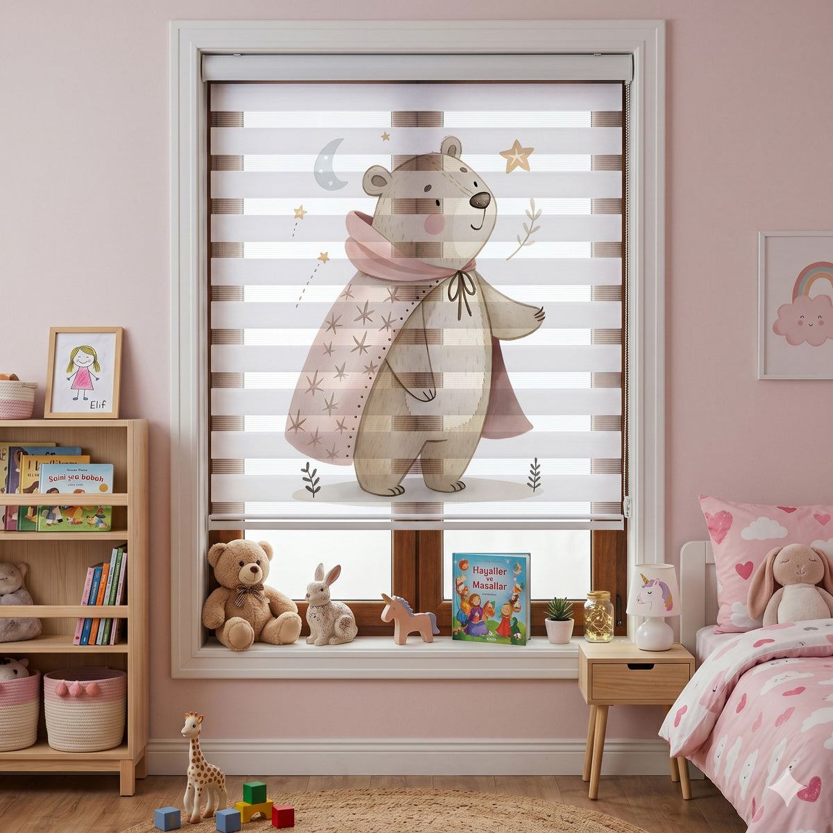 Pembe Pelerinli Ayıcık Ay Yıldız Suluboya Zebra Stor Perde – ürün görseli 7