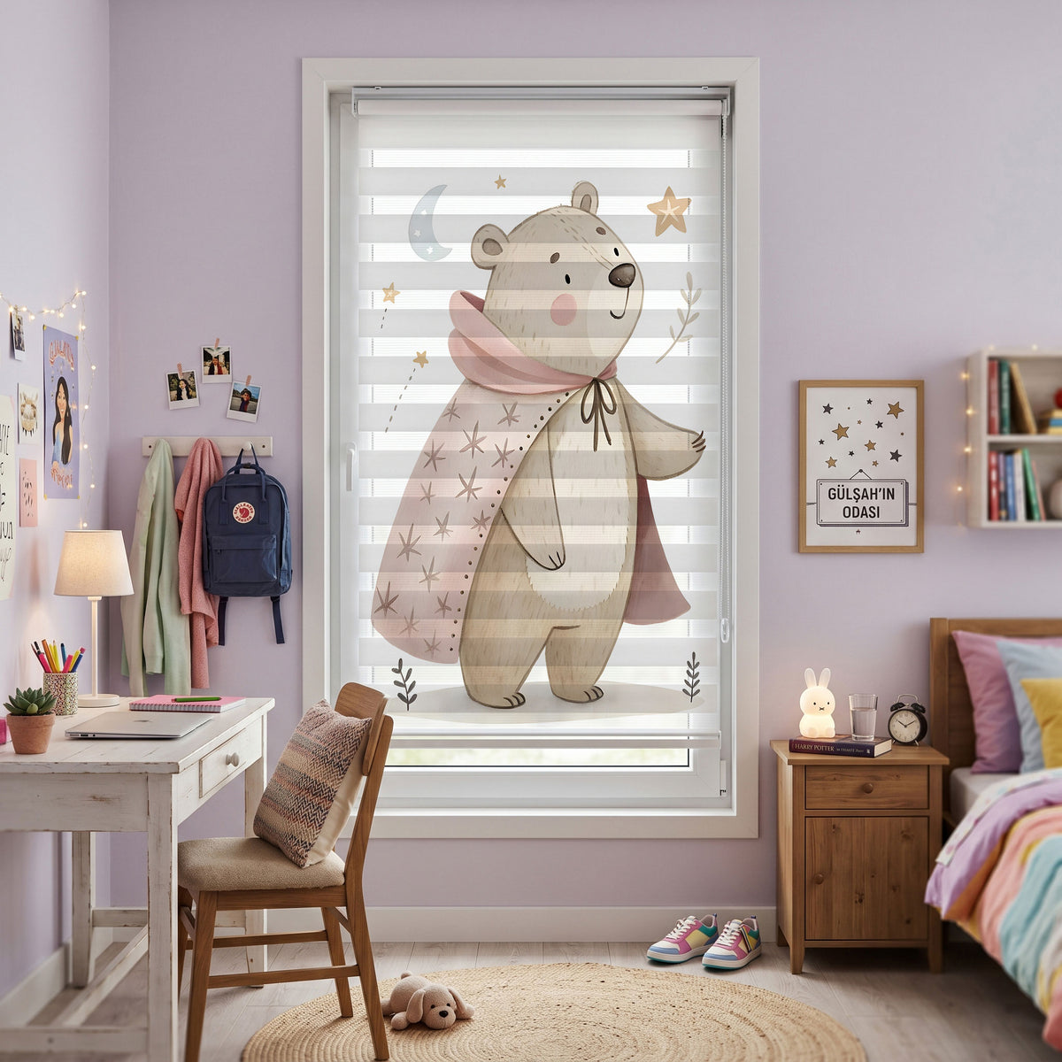 Pembe Pelerinli Ayıcık Ay Yıldız Suluboya Zebra Stor Perde – ürün görseli 8