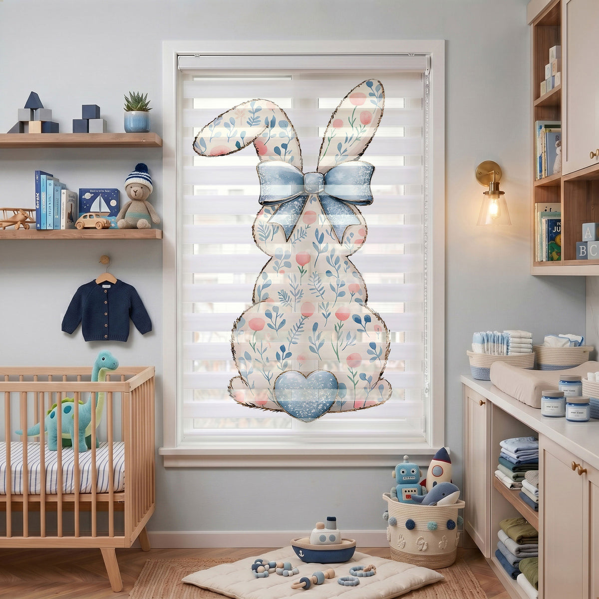 Mavi Fiyonklu Çiçek Motifli Tavşan Pastel Zebra Stor Perde
