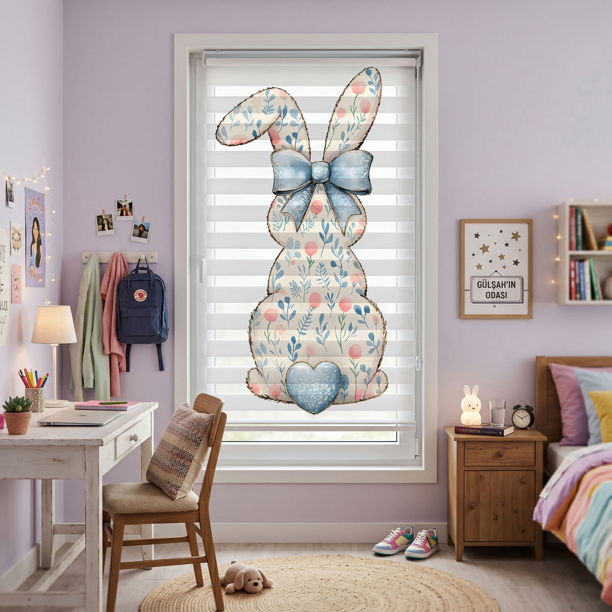 Mavi Fiyonklu Çiçek Motifli Tavşan Pastel Zebra Stor Perde – ürün görseli 2