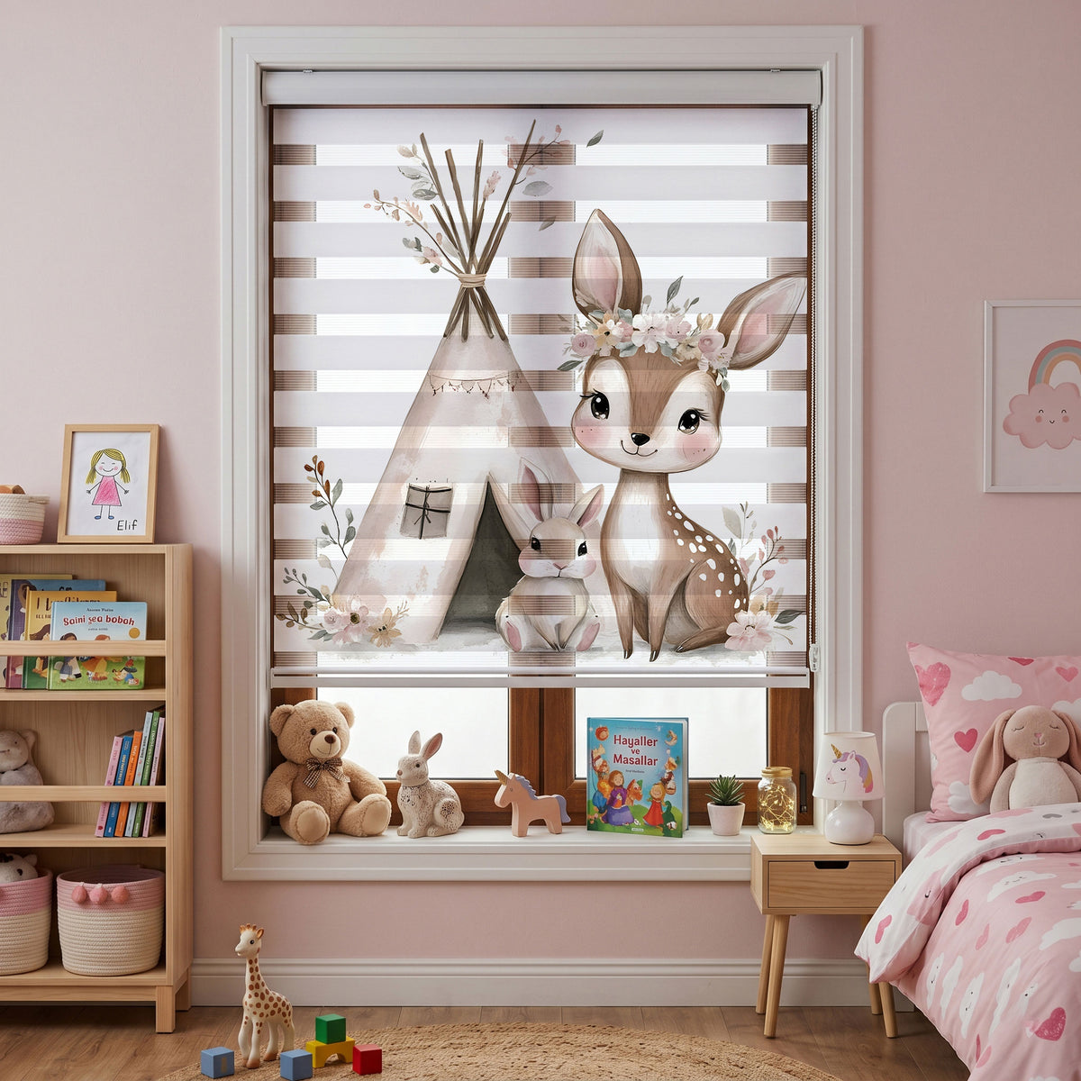 Çiçek Taçlı Geyik Tavşan Çadır Pembe Zebra Stor Perde