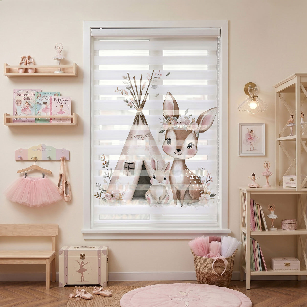 Çiçek Taçlı Geyik Tavşan Çadır Pembe Zebra Stor Perde – ürün görseli 2