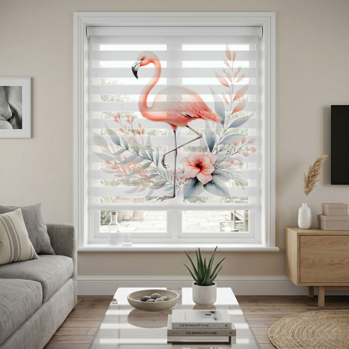 Pembe Flamingo Pastel Yapraklar Çiçekler Zebra Stor Perde