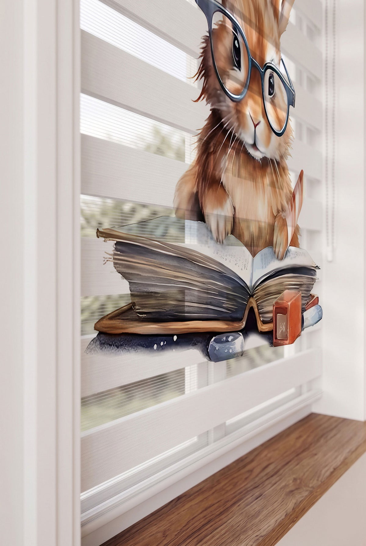 Gözlüklü Tavşan Kitap Okuyan Sevimli Zebra Stor Perde – ürün görseli 4