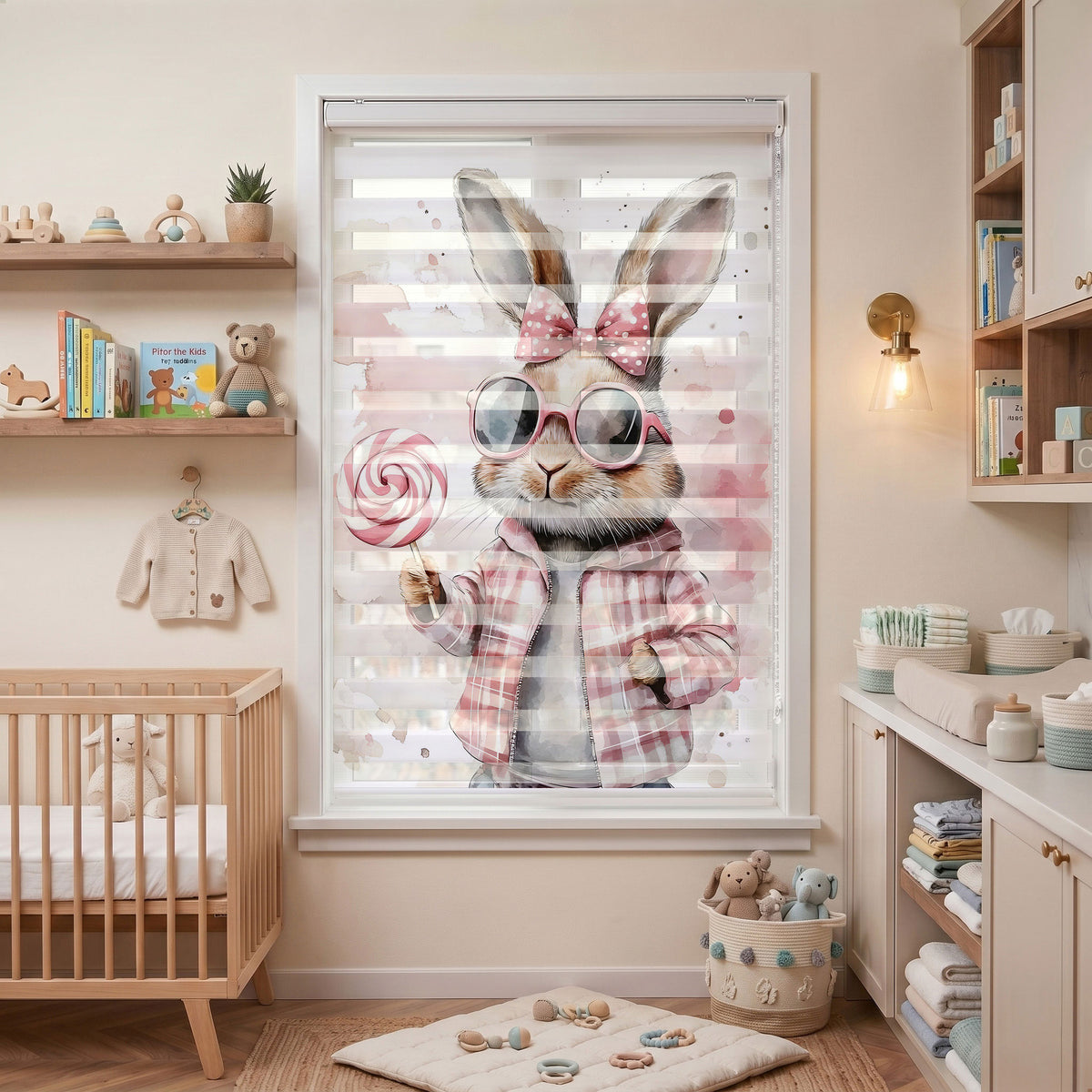 Pembe Ekose Ceketli Gözlüklü Tavşan Lolipop Zebra Stor Perde – ürün görseli 2
