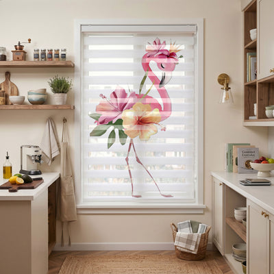 Tropikal Pembe Flamingo Hibiskus Çiçekleri Zebra Stor Perde