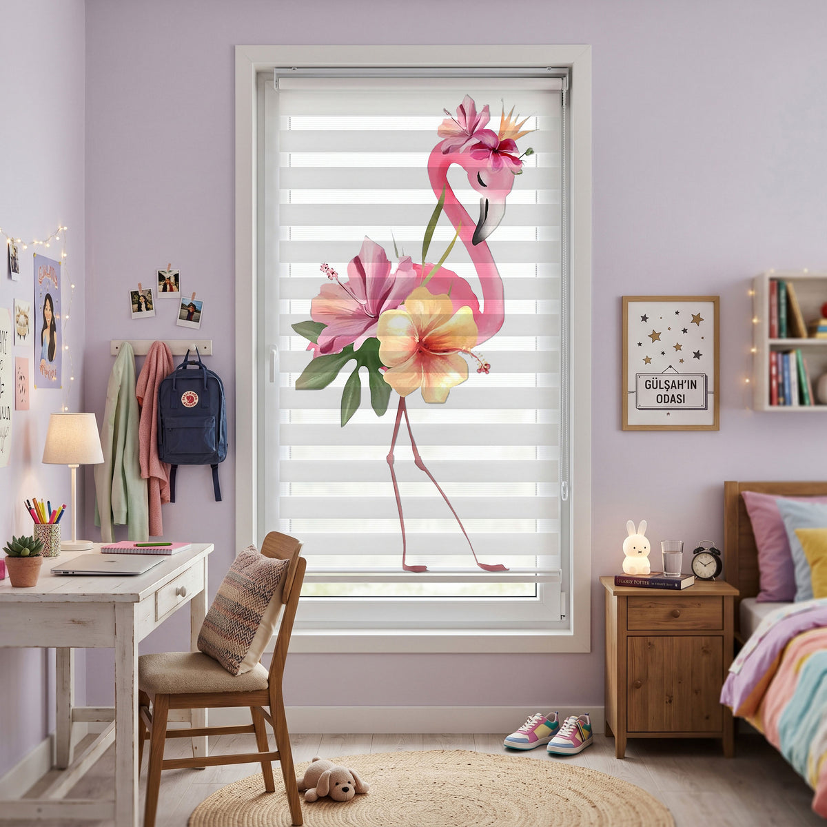 Tropikal Pembe Flamingo Hibiskus Çiçekleri Zebra Stor Perde – ürün görseli 2
