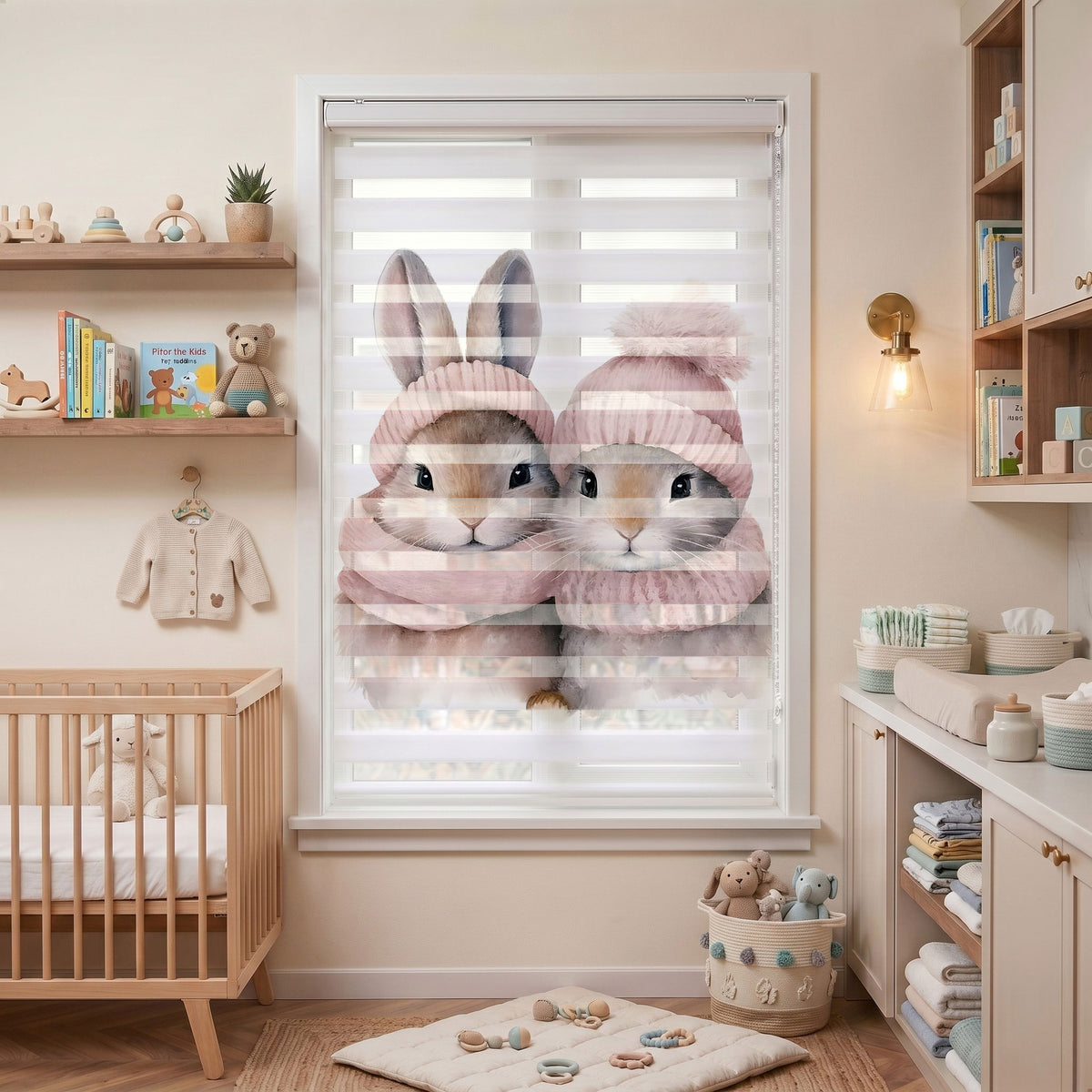 Atkılı Bereli İki Sevimli Tavşan Pembe Kış Zebra Stor Perde