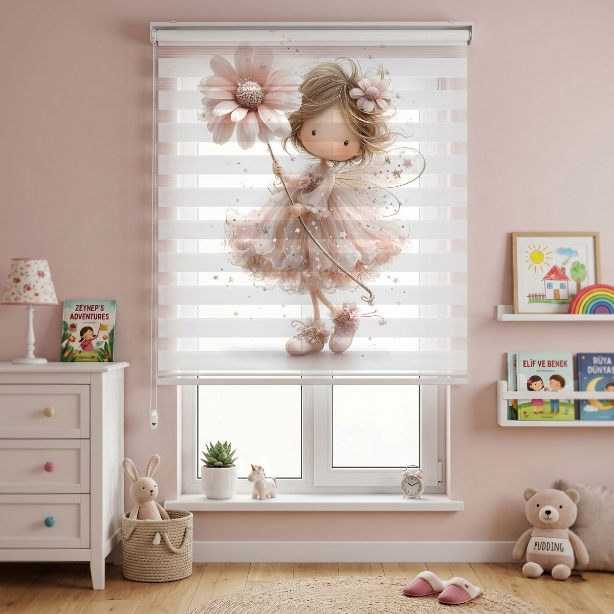 Pudra Pembe Çiçek Perisi Kız Yıldız Tozları Zebra Stor Perde – ürün görseli 2