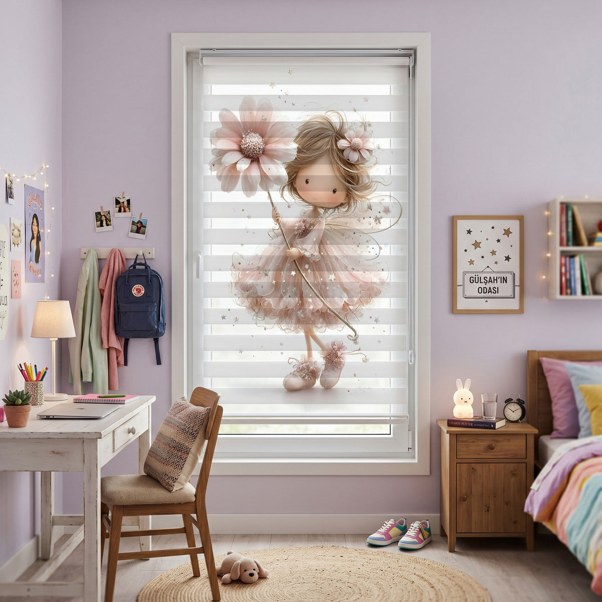 Pudra Pembe Çiçek Perisi Kız Yıldız Tozları Zebra Stor Perde – ürün görseli 8