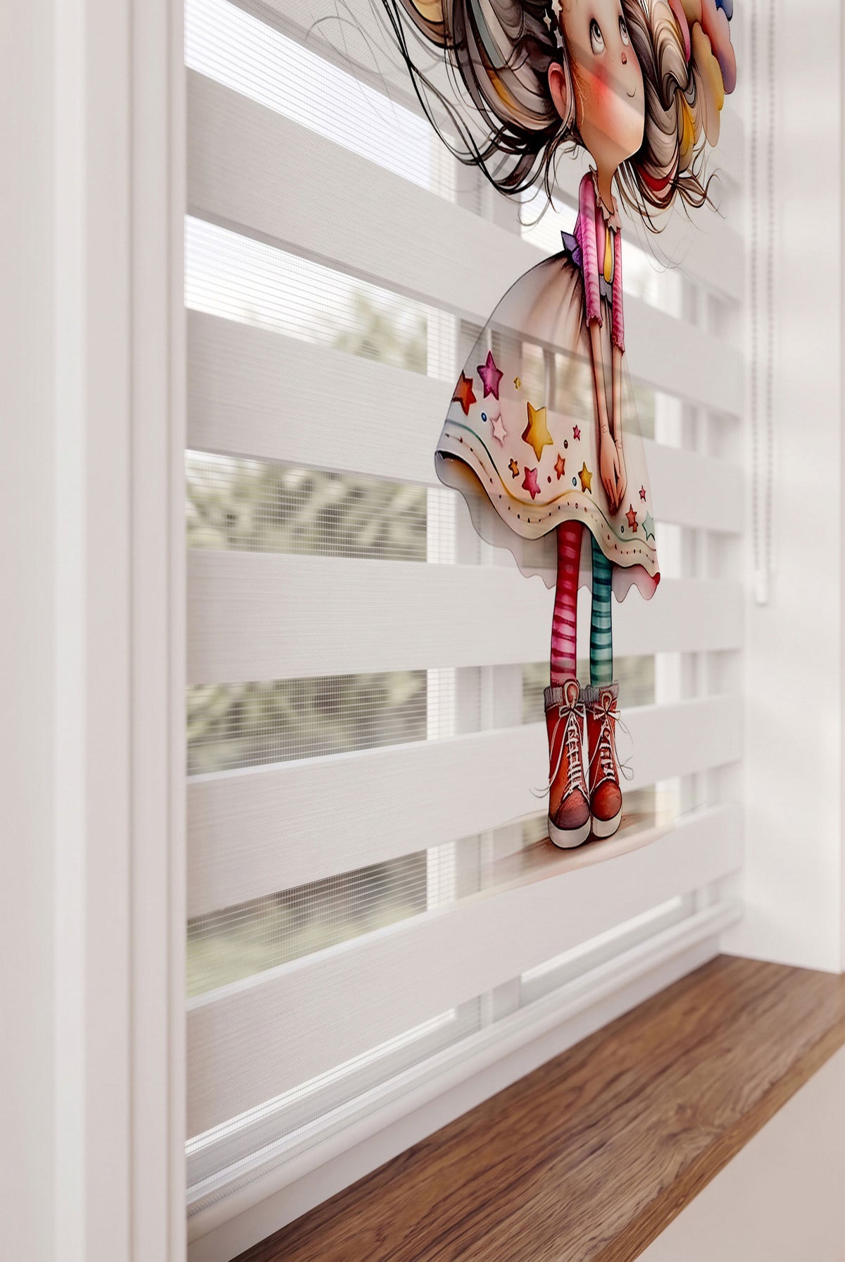 Renkli Bulut Saçlı Küçük Kız Yıldızlı Zebra Stor Perde – ürün görseli 4