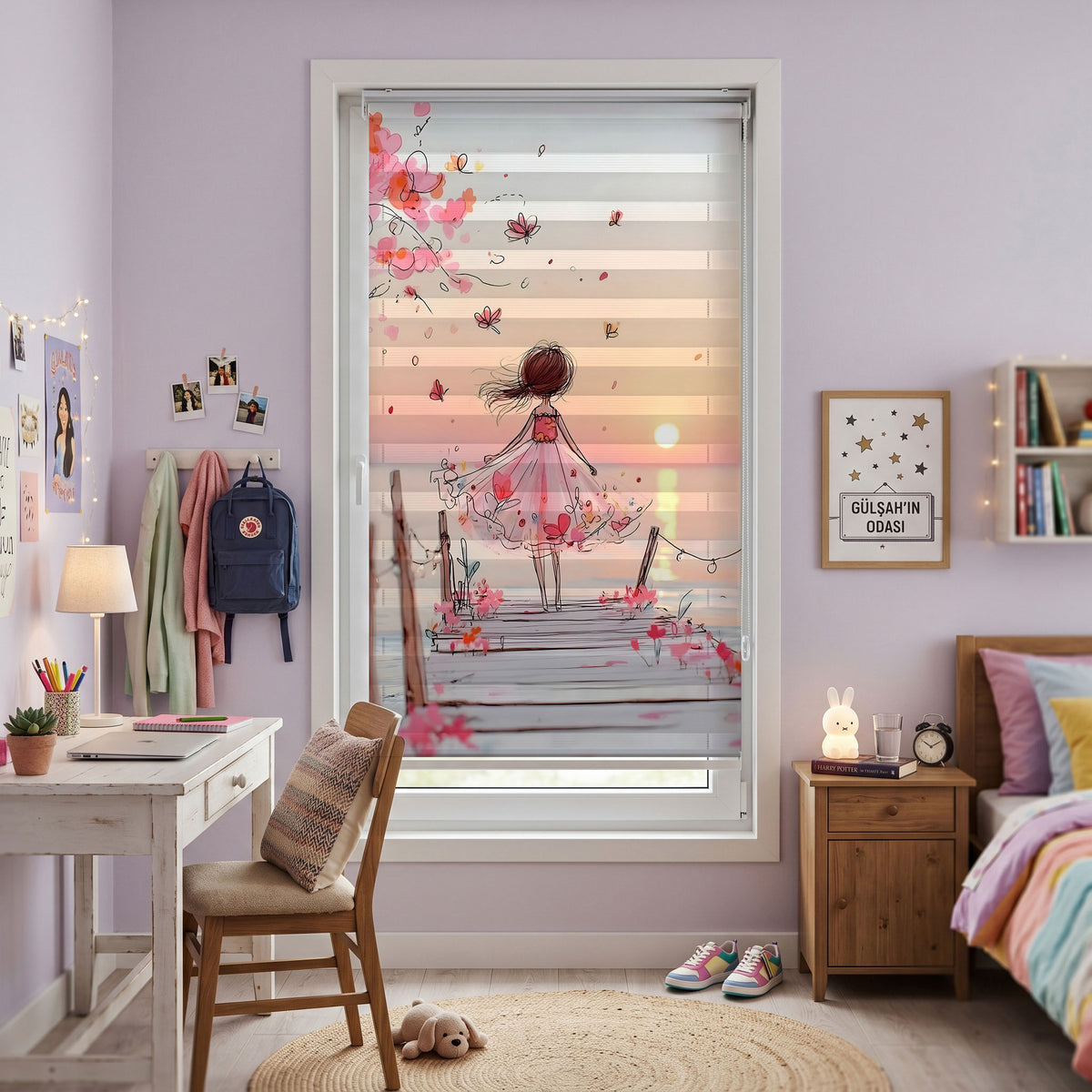 Pembe Çiçekli Ağaç Göl Yansıması Yağlı Zebra Stor Perde