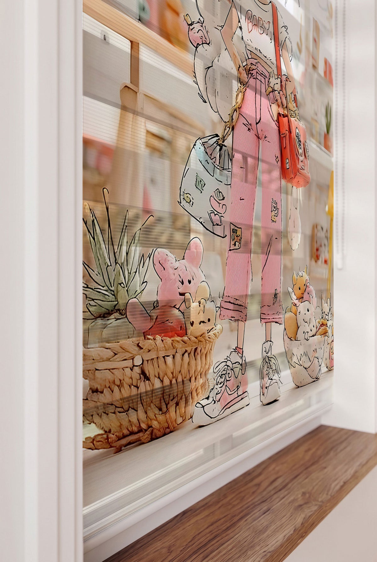 Pembe Pantolonlu Alışverişçi Kız Kedi Zebra Stor Perde – ürün görseli 3