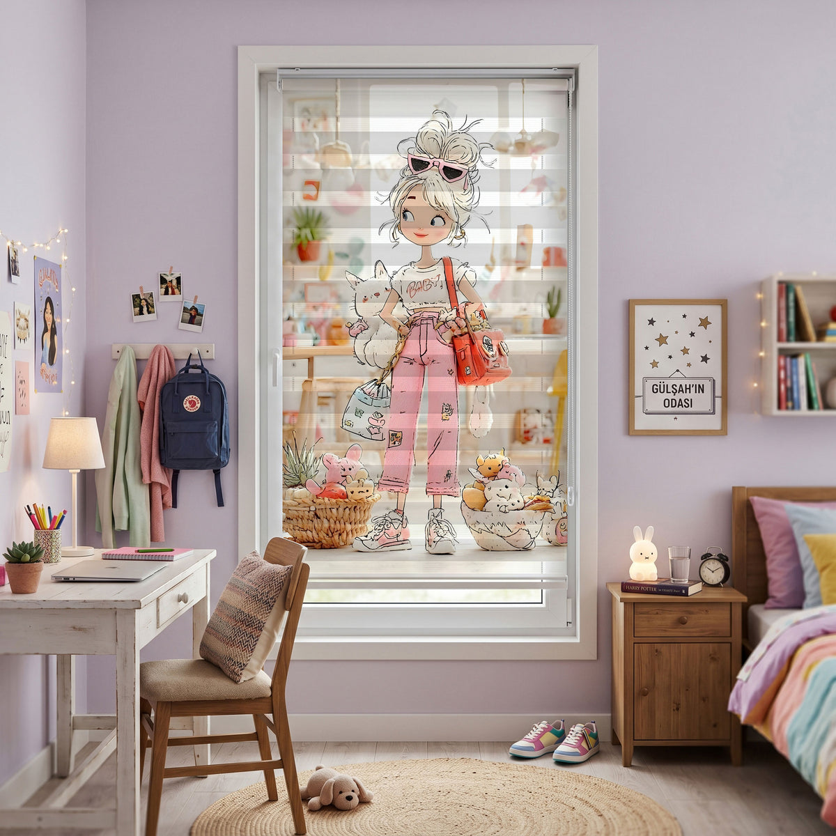 Pembe Pantolonlu Alışverişçi Kız Kedi Zebra Stor Perde – ürün görseli 4