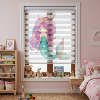 Pembe Saçlı Altın Taçlı Deniz Kızı Suluboya Zebra Stor Perde