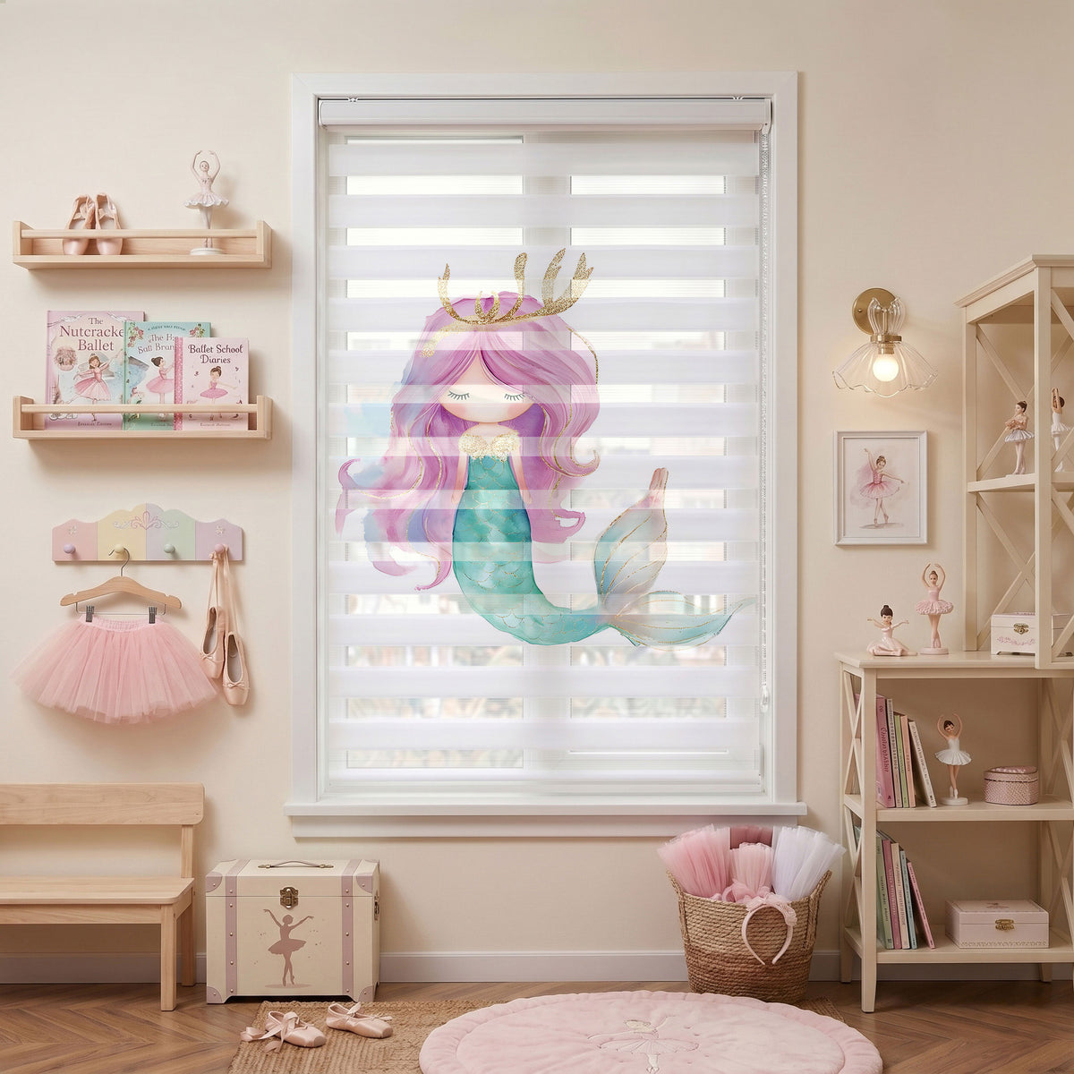 Pembe Saçlı Altın Taçlı Deniz Kızı Suluboya Zebra Stor Perde – ürün görseli 2